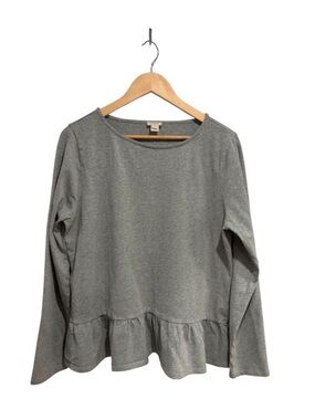 J. Crew Women’s Grey Ruffle Hem Long-Sleeve Crewneck Top Cotton